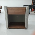 Quilted Light Gray Leather Nightstand with Marble Top & Natural Wood Veneer